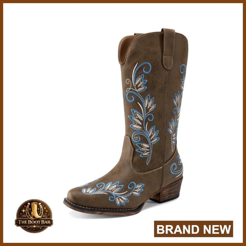 Western Cowgirl Boots Mid Calf Square Toe Embroidered Vintage Pull On Chunky